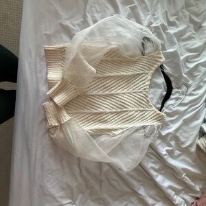 Maeve Cream Ribbed Knit Sweater with Sheer Puff Sleeves